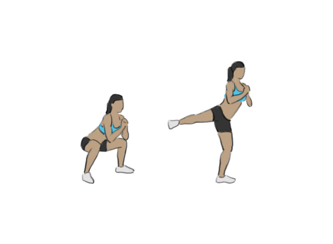 Squat puis jambe sur le côté