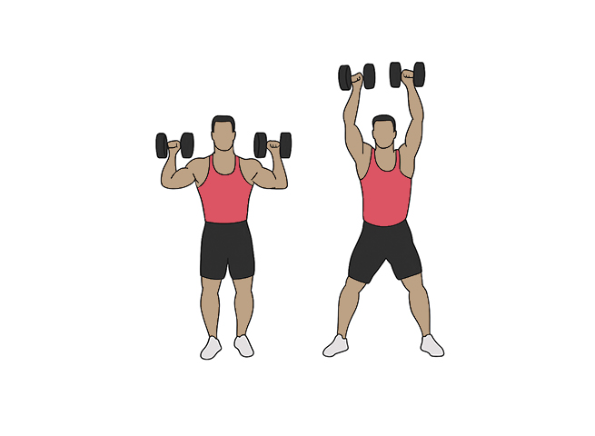 Sauts avec écart aux haltères (jumping jacks press)