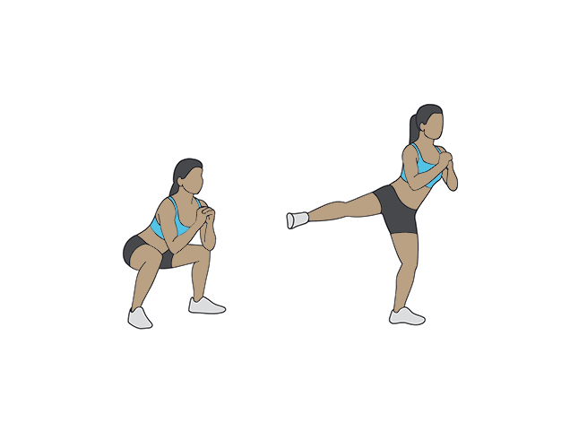 Squat puis jambe sur le côté
